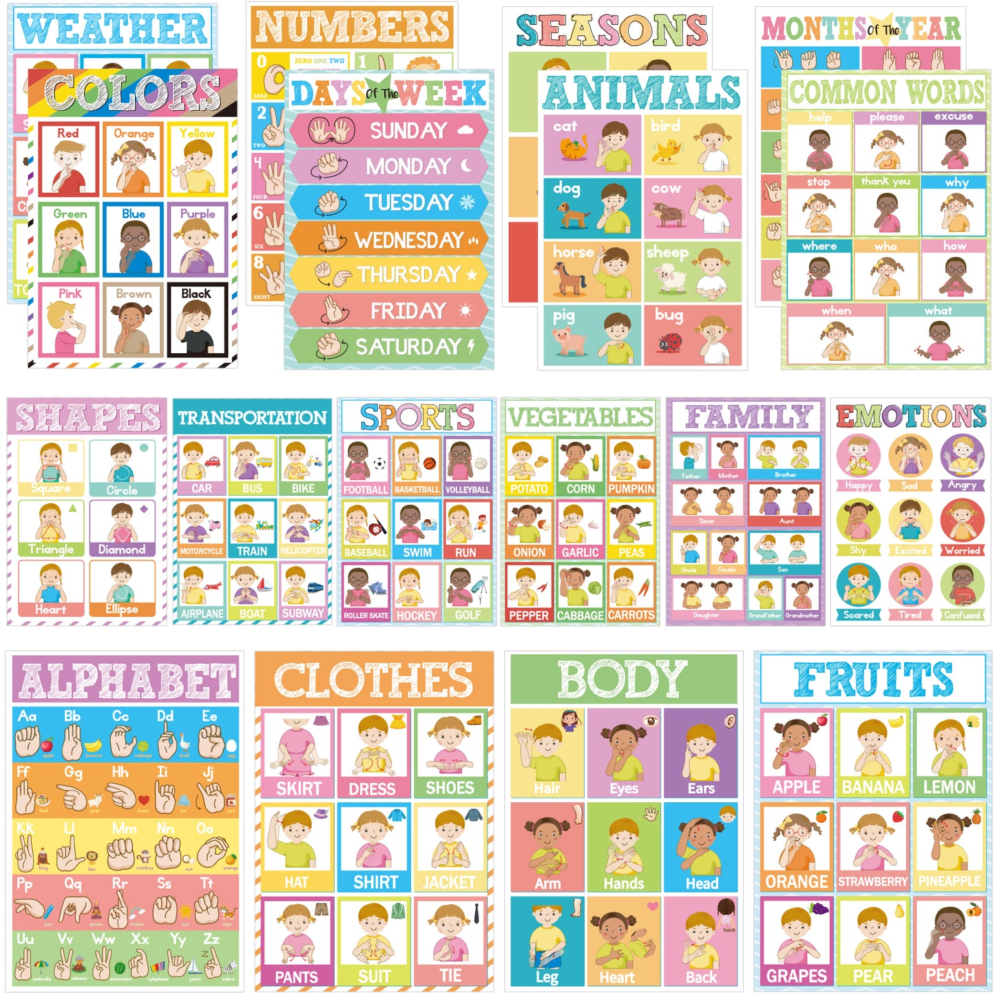 18 Pieces Sign Language ASL poster for Education - 11 x 16inch