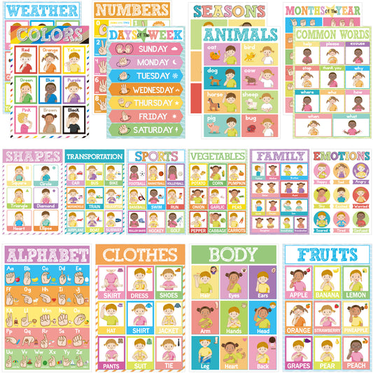 18 Pieces Sign Language ASL poster for Education - 11 x 16inch