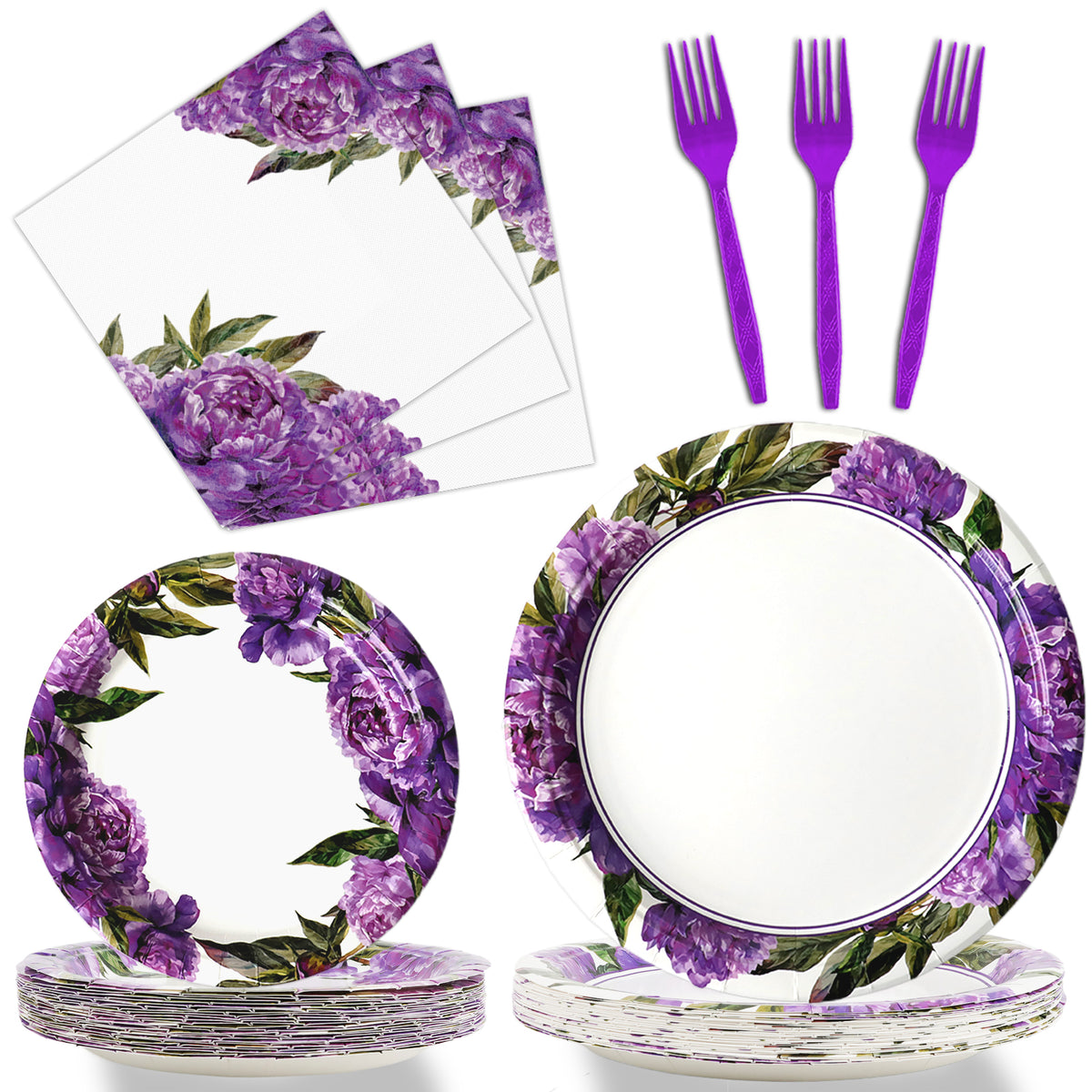 Peony Theme Party Supplies,Plates Napkins Forks Set of 96pcs