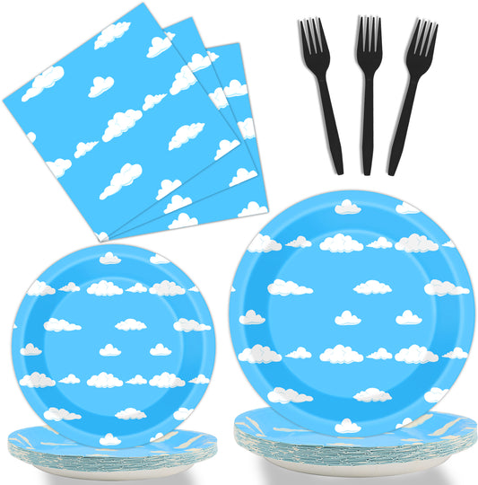 Blue Sky White Clouds Party Supplies,Plates Napkins Forks Set of 96pcs