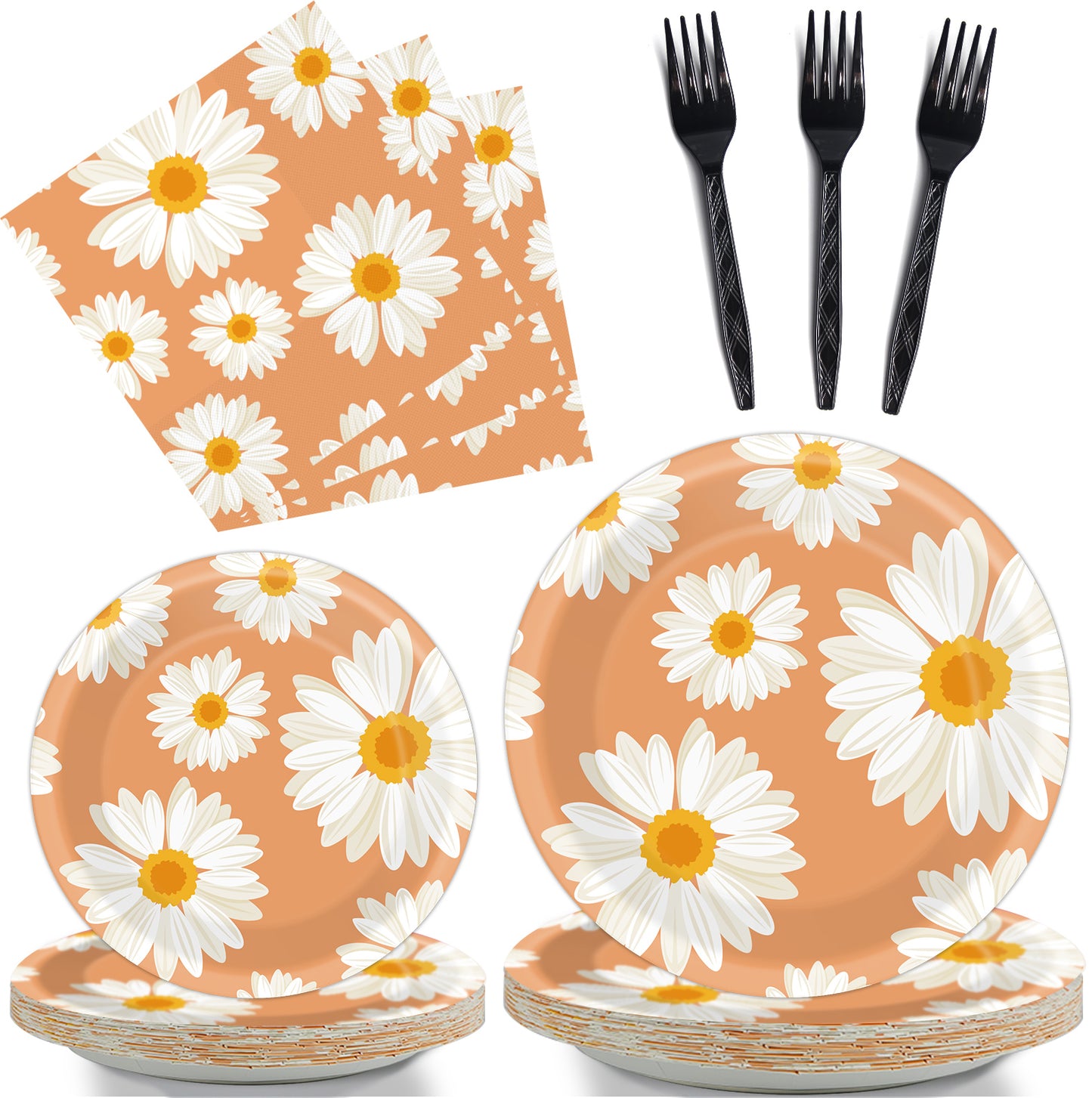 Daisy Flower Theme Party Supplies,Plates Napkins Forks Set of 96pcs