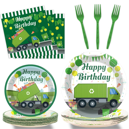 96 Pieces Garbage Truck Party Tableware Set Paper Plates Napkins Forks for 24 Guests