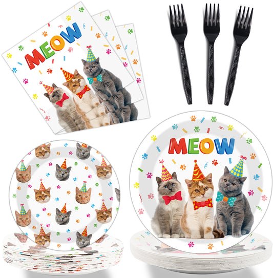 Kitten Theme Party Supplies,Plates Napkins Forks Set of 96pcs