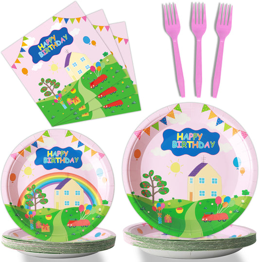 96 Pieces Cartoon Birthday Party Tableware Set Paper Plates Napkins Forks for 24 Guests(Pink)
