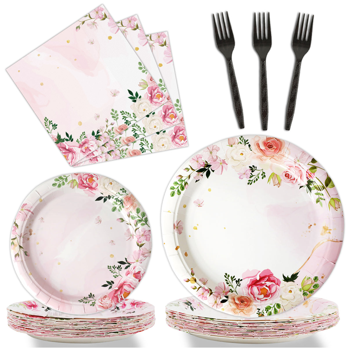 Floral Theme Party Supplies,Plates Napkins Forks Set of 96pcs