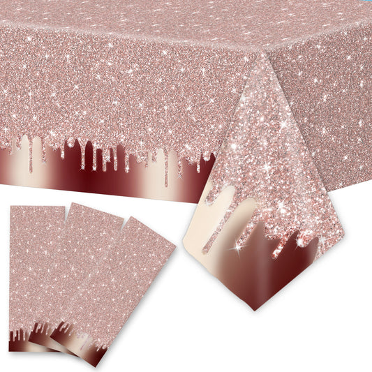 3pcs Pink Rose Golden Birthday Party Tablecloths 108 x 51 inch