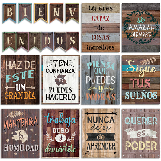 21 Pack Spanish Bienvenidos Inspirational Posters Spanish Classroom Decorations - Industrial Chic