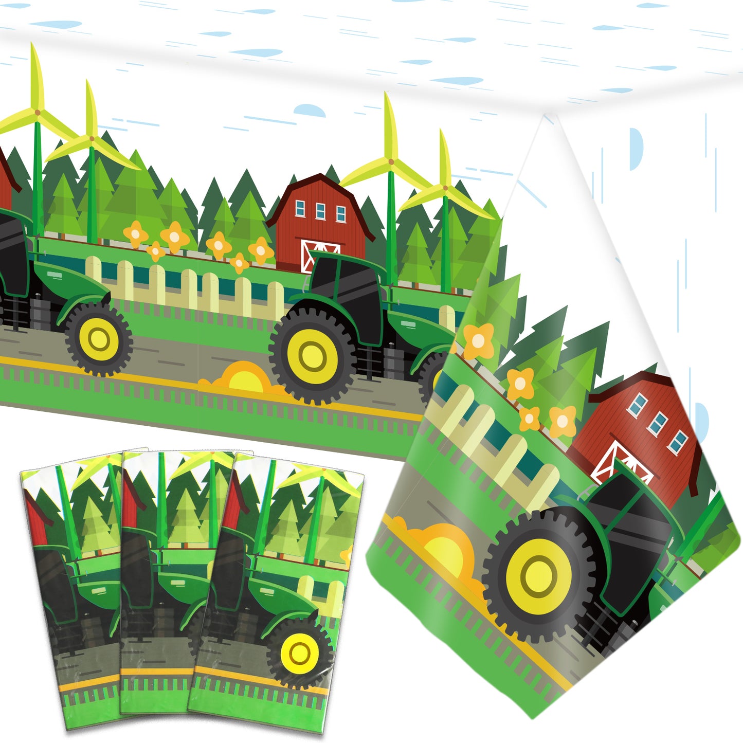 Set of 3 Green Tractor Tablecloth for Birthday Party Farm Party
