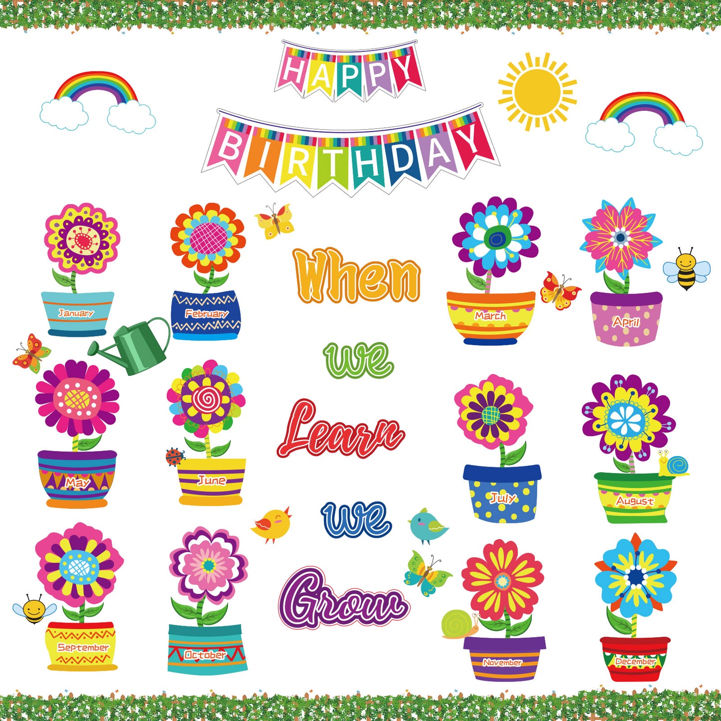74 Pieces Flowers Butterfly Happy Birthday Bulletin Board Set