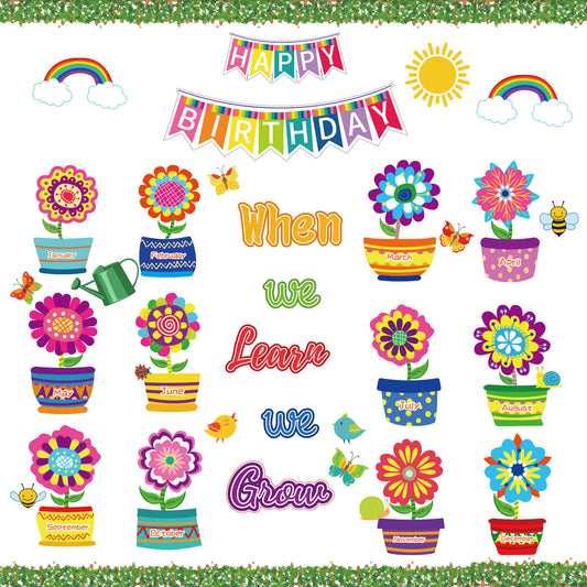 74 Pieces Flowers Butterfly Happy Birthday Bulletin Board Set
