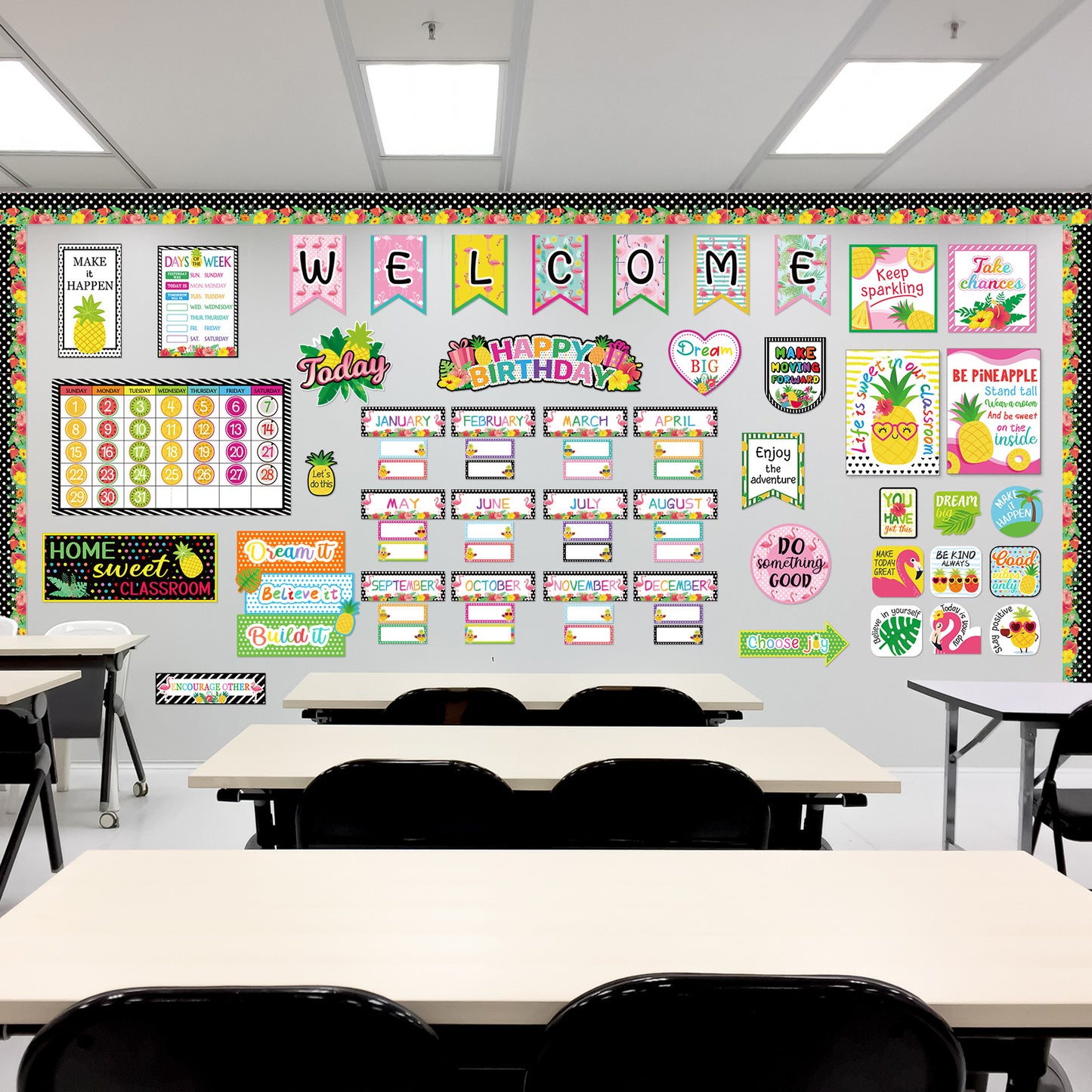 Tropical Summer Classroom Decor Hawaii Pineapple Flamingo Bulletin Board and Wall Decorations
