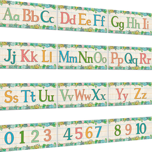 12 Pieces Alphabet Bulletin Board Strips Set Alphabet & Number Border (Succulent)