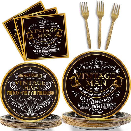96 Pcs Vintage Aged Party Tableware for 24 Guests for Men