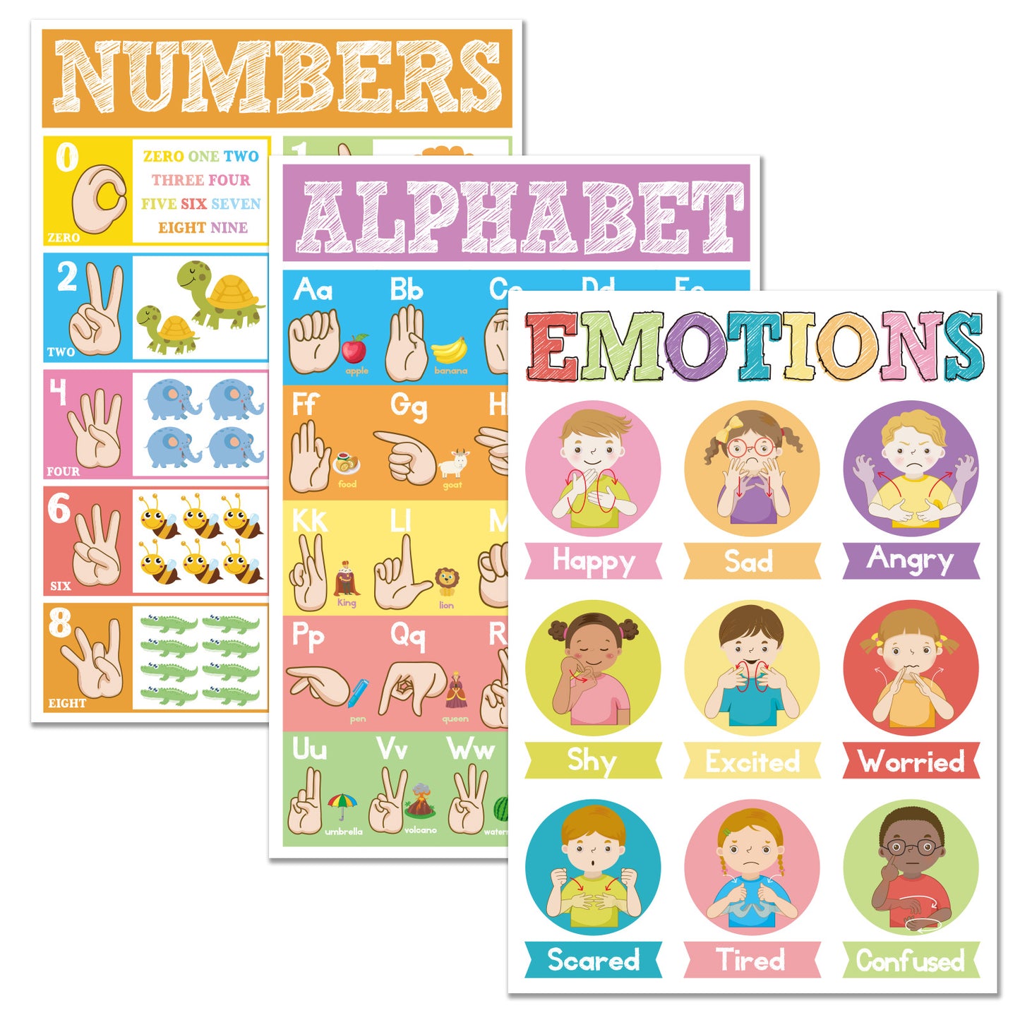 3 Pieces ASL Poster Sign Language Posters for Toddler Kids Students Classroom Decorations