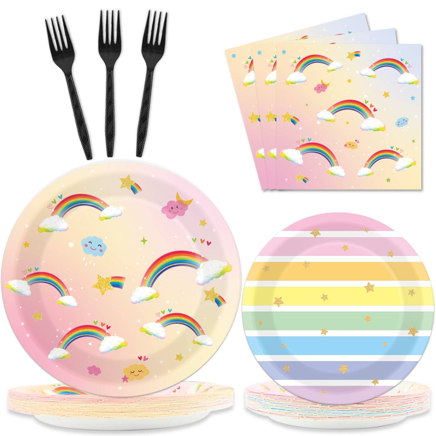96 Pieces Rainbow Party Tableware Set Paper Plates Napkins Forks for 24 Guests