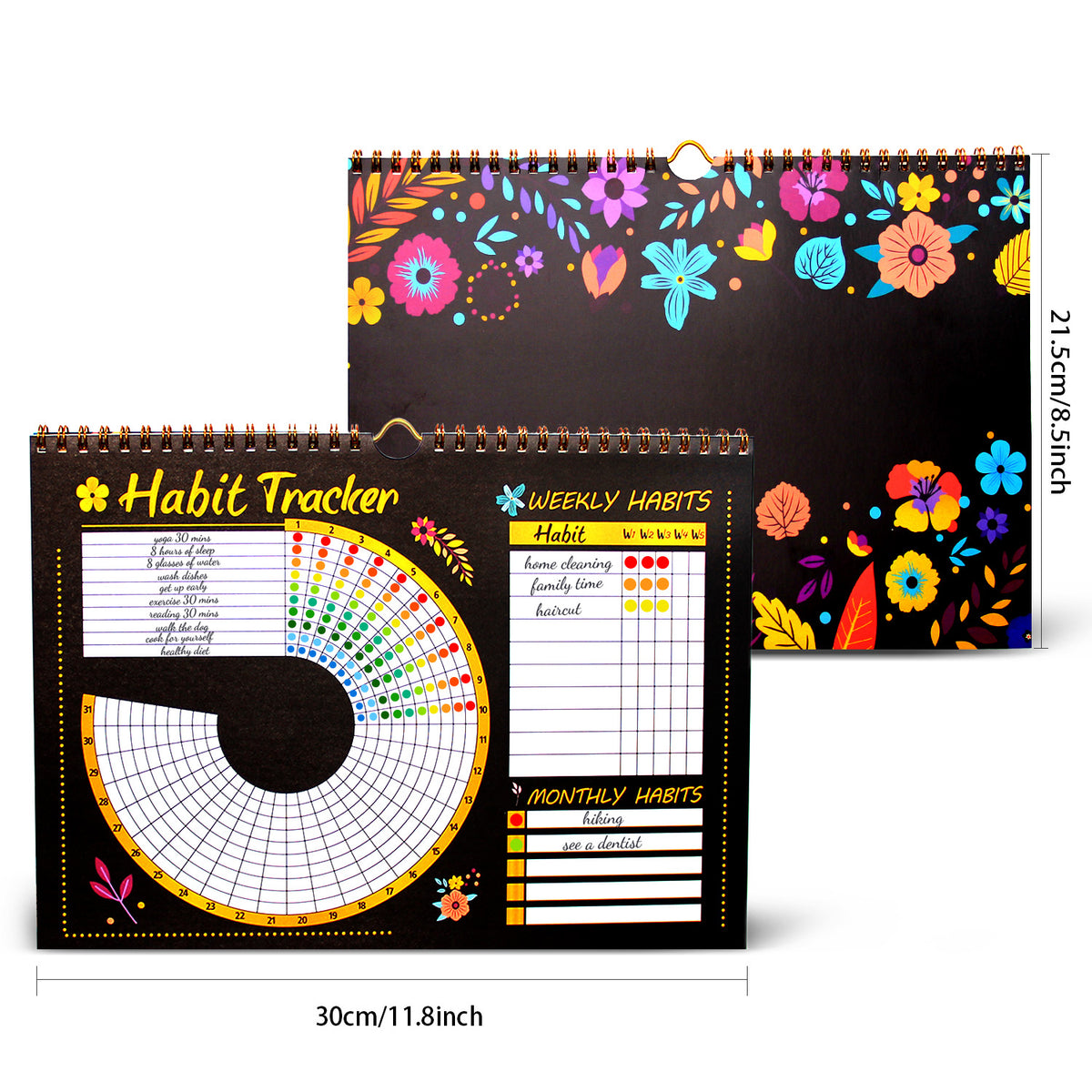 Black Habit Tracker Calendar Goal Planner with Spiral Binding - 12+2 Month
