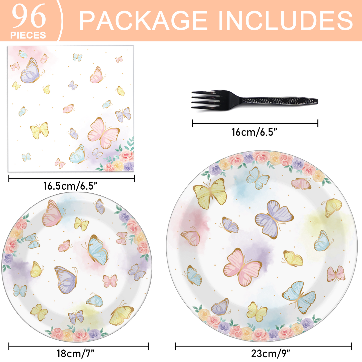 Butterfly Theme Party Supplies,Plates Napkins Forks Set of 96pcs