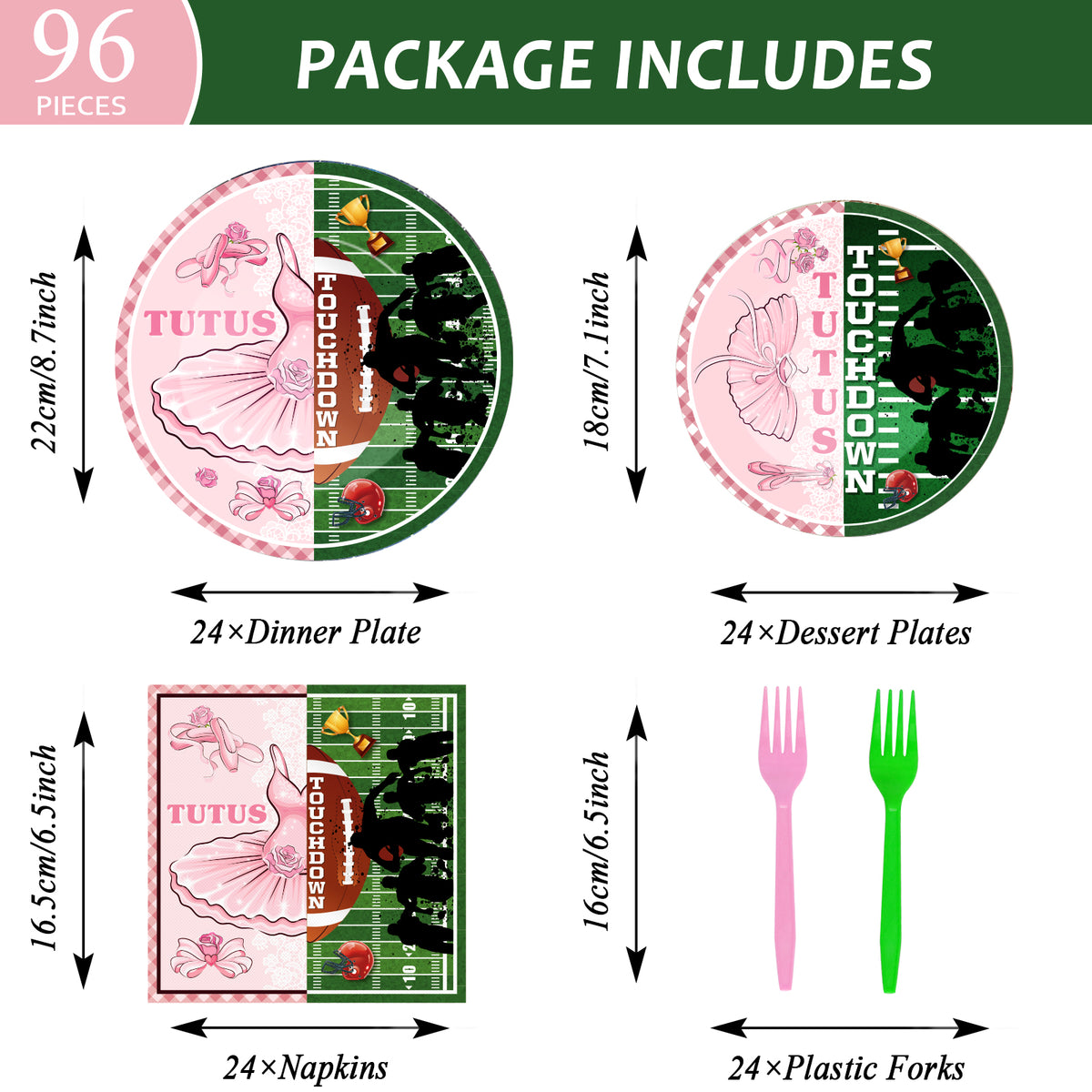 96 Pcs Ballet or football Gender Reveal Party Tableware Set for 24 Guests