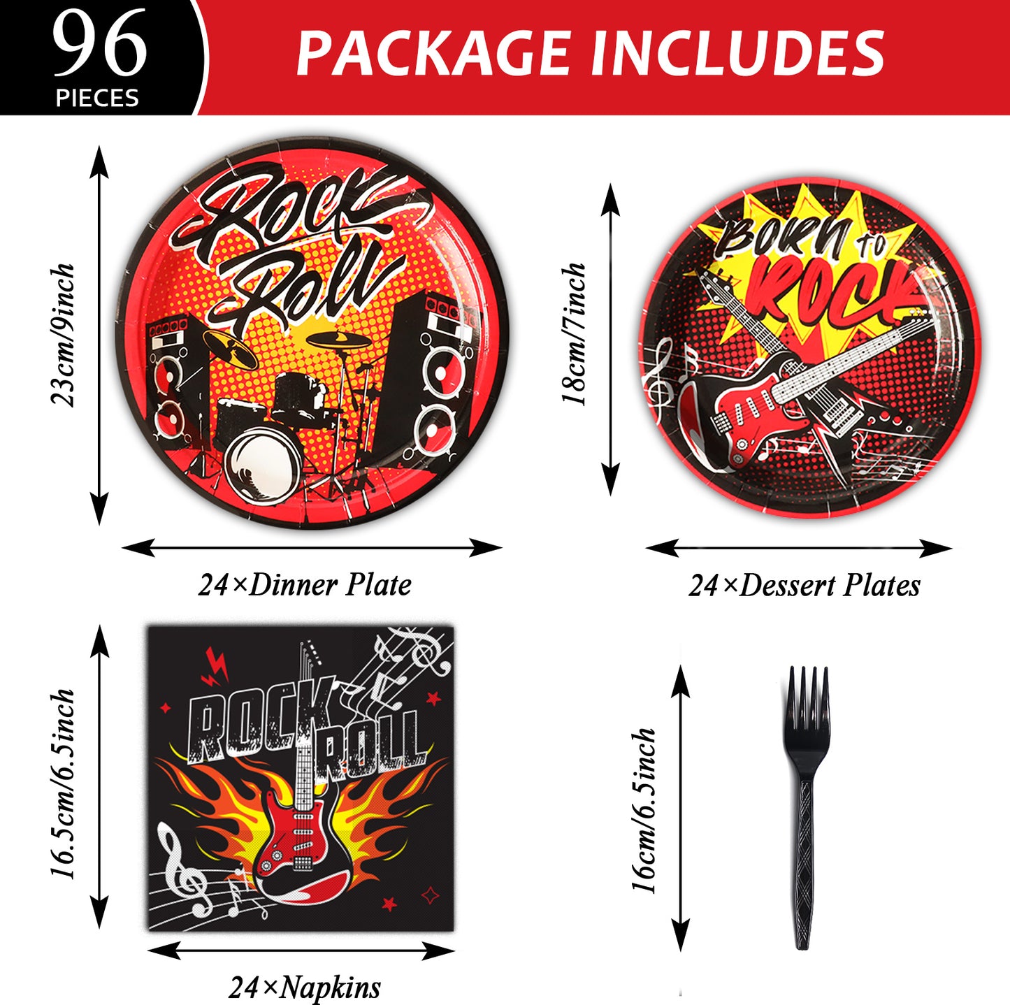 96 Pcs Rock and Roll Party Tableware Set Supplies Fork 24 Guests