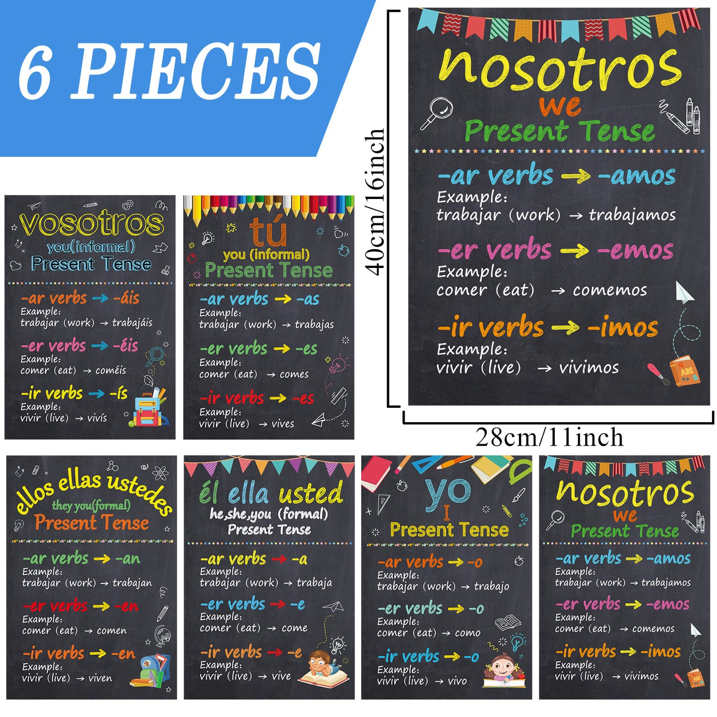 6 Pieces Spanish Verb Conjugation Posters Spanish Grammar Educational Posters