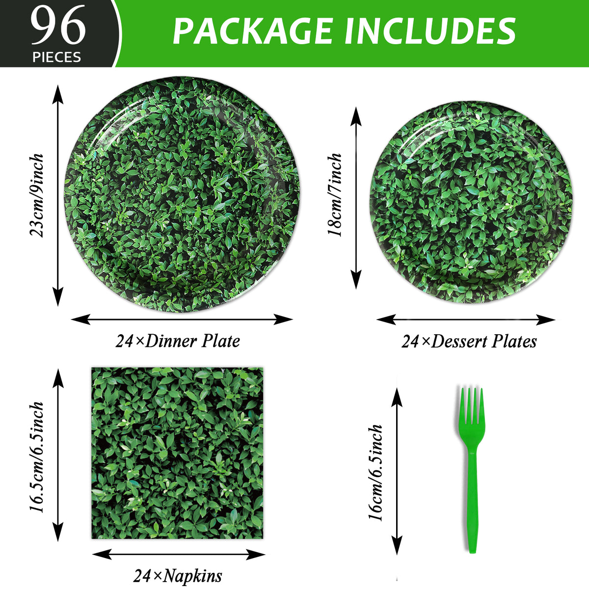 Green Leaves Theme Party Supplies,Plates Napkins Forks Set of 96pcs