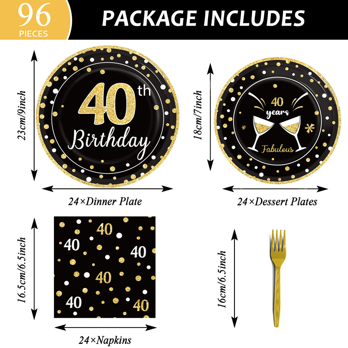 40th Birthday Theme Party Supplies,Plates Napkins Forks Set of 96pcs