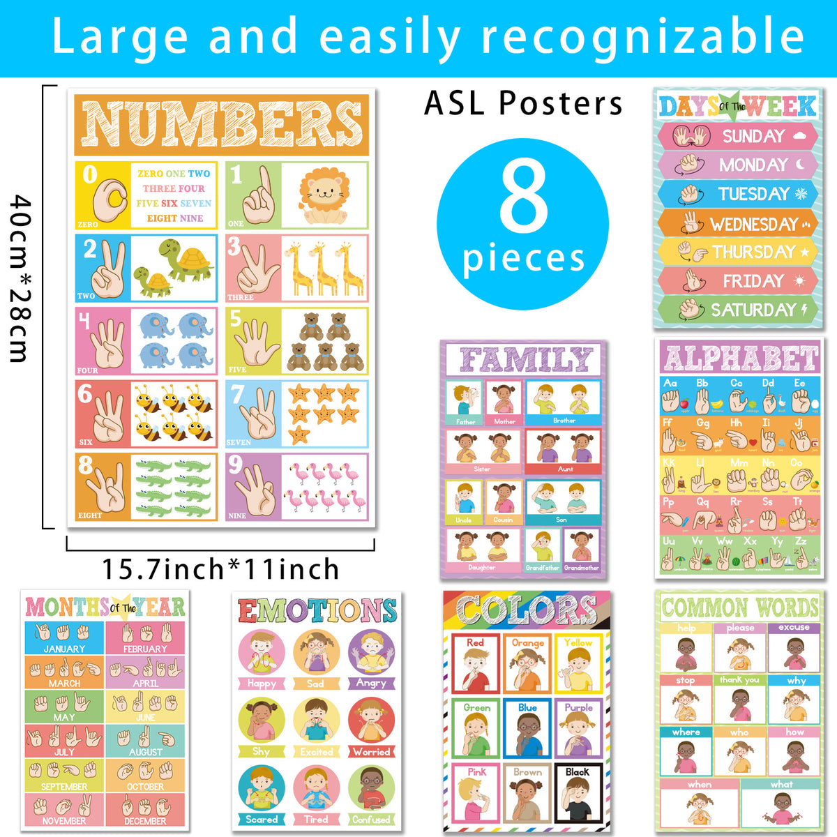 8 Pieces ASL Poster Sign Language Posters for Toddler Kids Students Classroom Decorations
