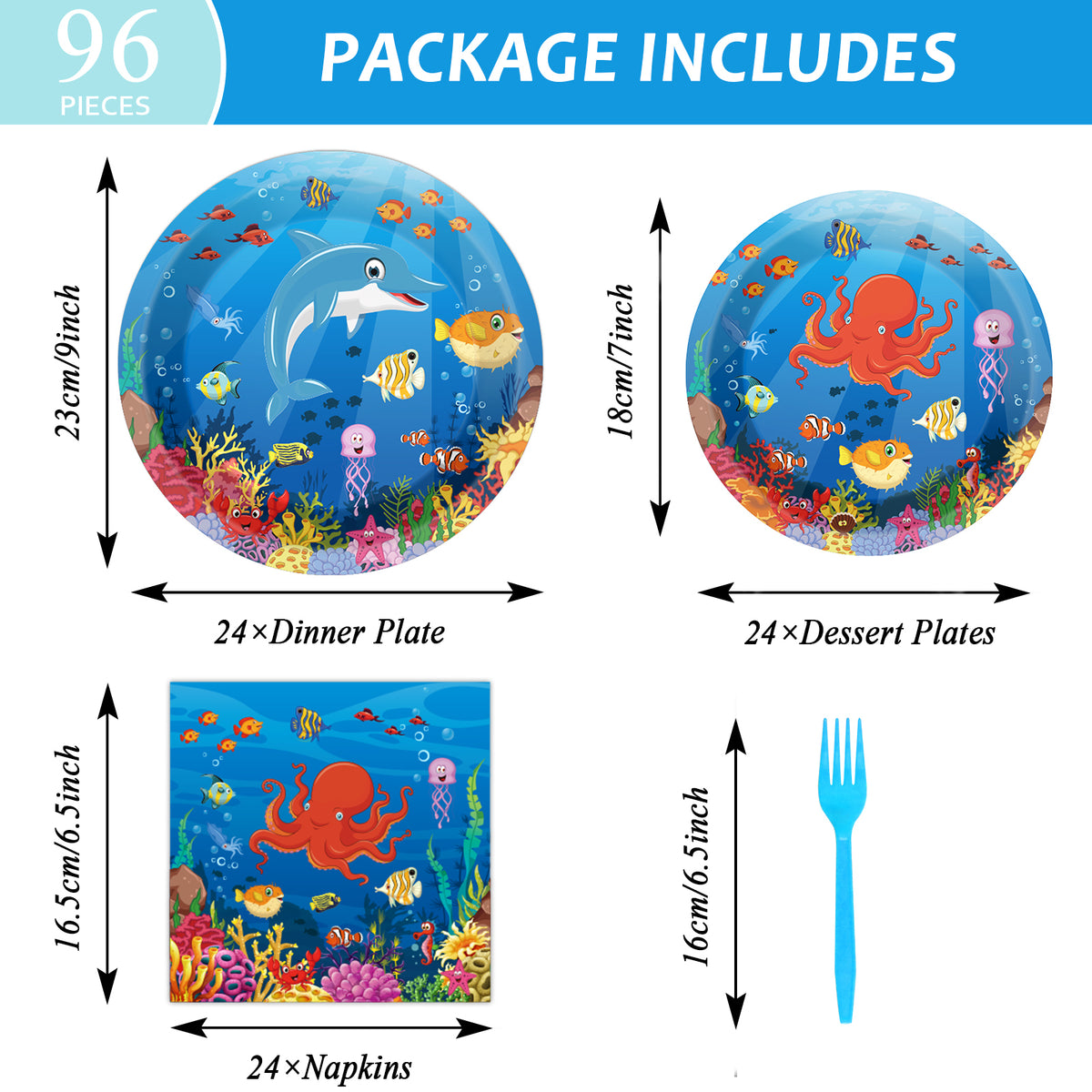 96 Pcs Under The Sea Party Tableware Supplies for 24 Guests