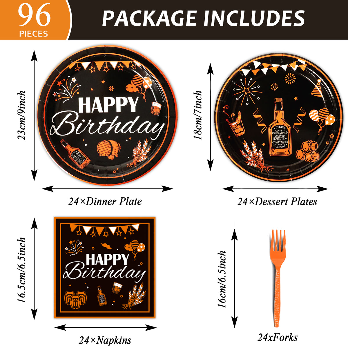 96 Pieces Whiskey Birthday Party Tableware Set Paper Plates Napkins Forks for 24 Guests