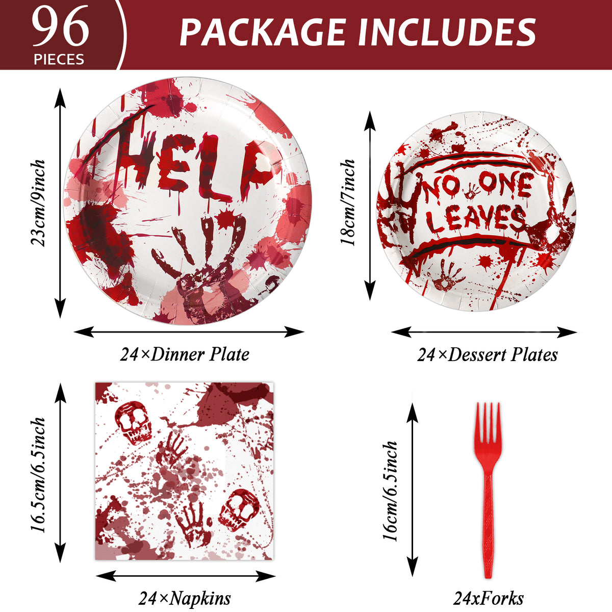 96 Pieces Bloody Good Time Party Tableware Set Paper Plates Napkins Forks for 24 Guests