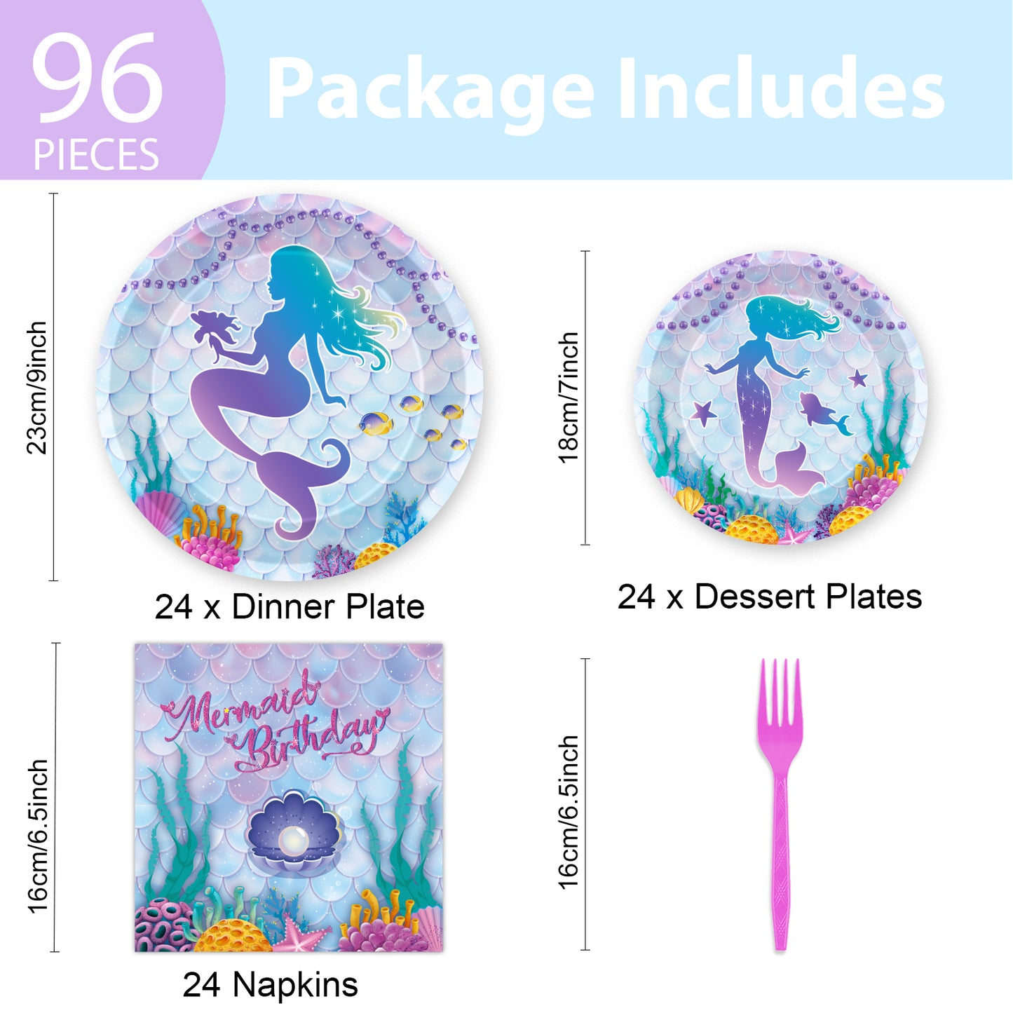 Mermaid Theme Party Supplies,Plates Napkins Forks Set of 96pcs