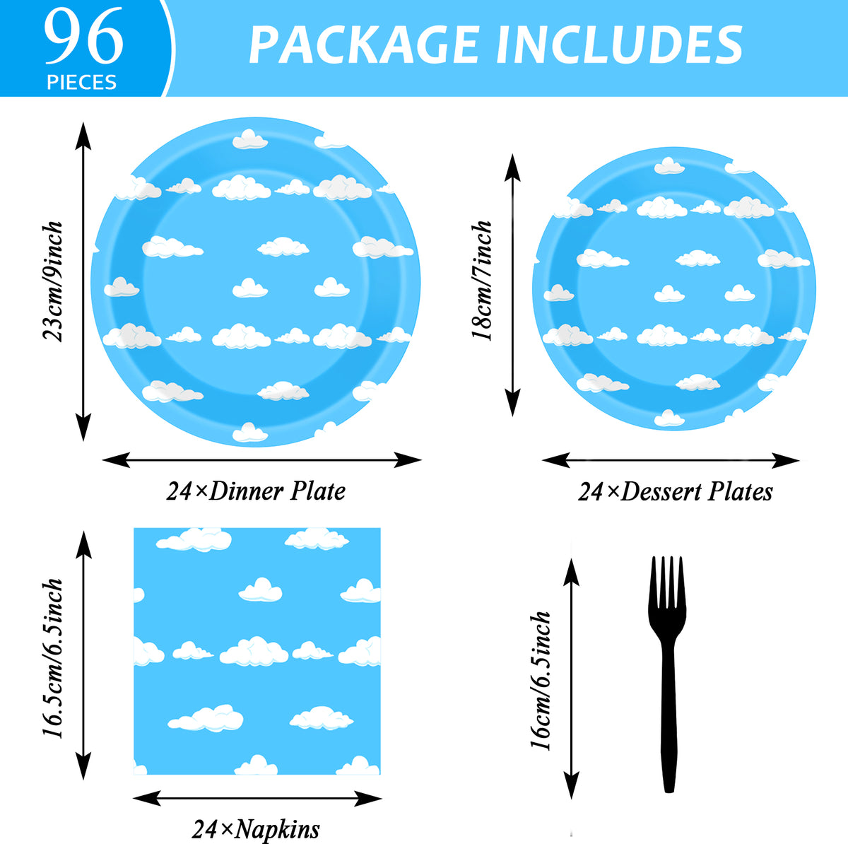 Blue Sky White Clouds Party Supplies,Plates Napkins Forks Set of 96pcs