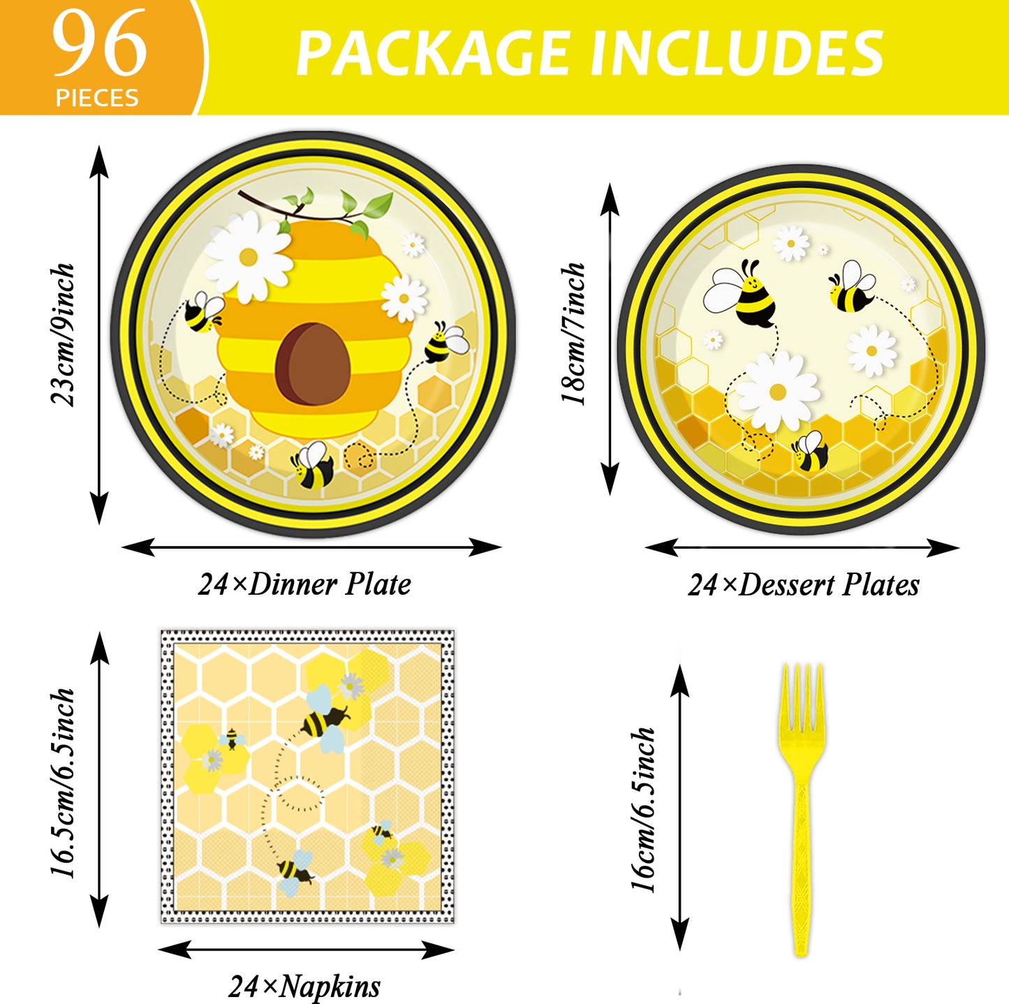 Bee tableware set - baby shower or birthday party supplies