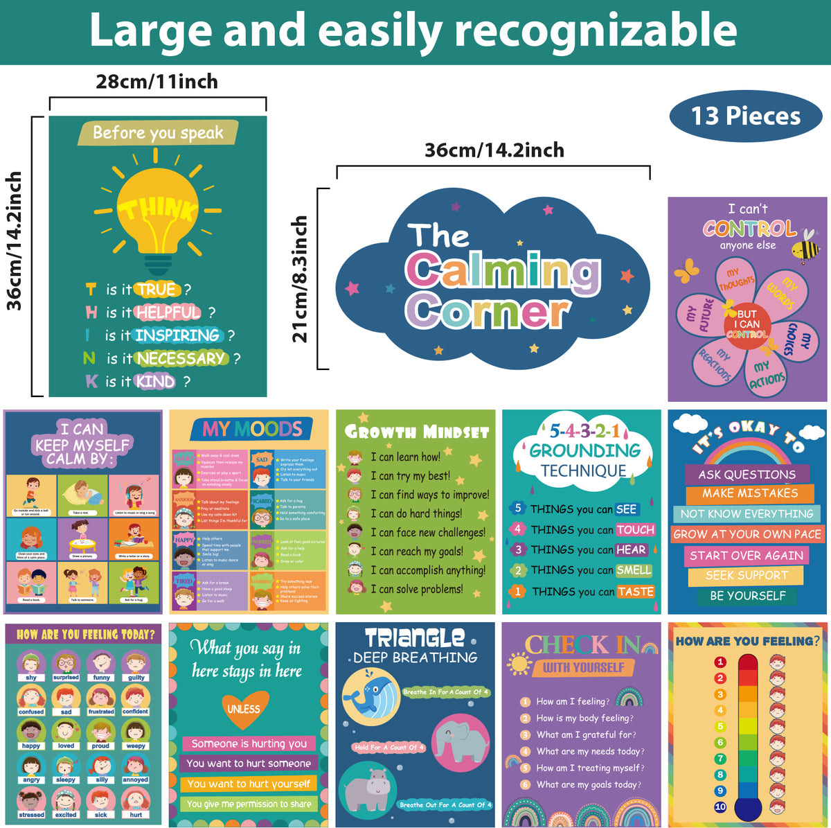13 Pieces Feelings Chart and Keep Calm Posters Feelings Emotions - 11 x 16inch