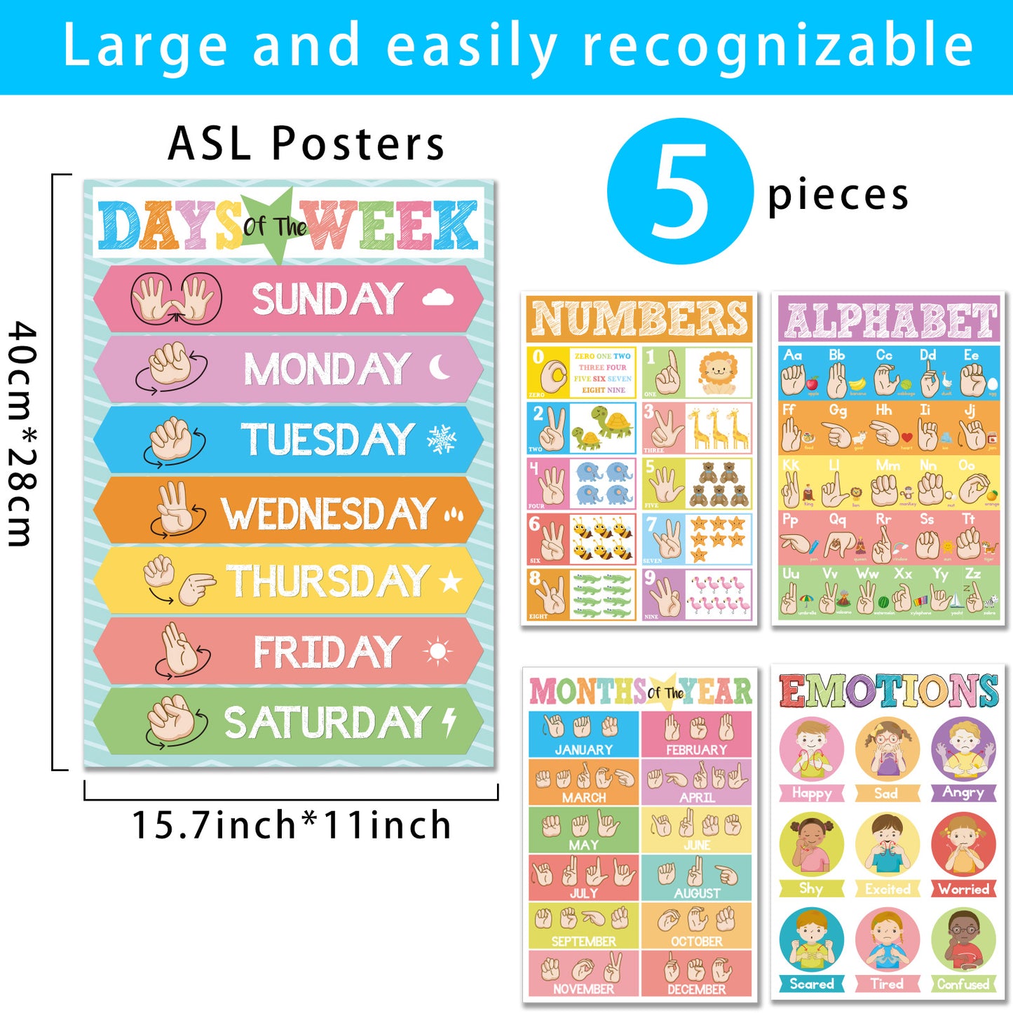 5 Pieces ASL Poster Sign Language Posters for Toddler Kids Students Classroom Decorations
