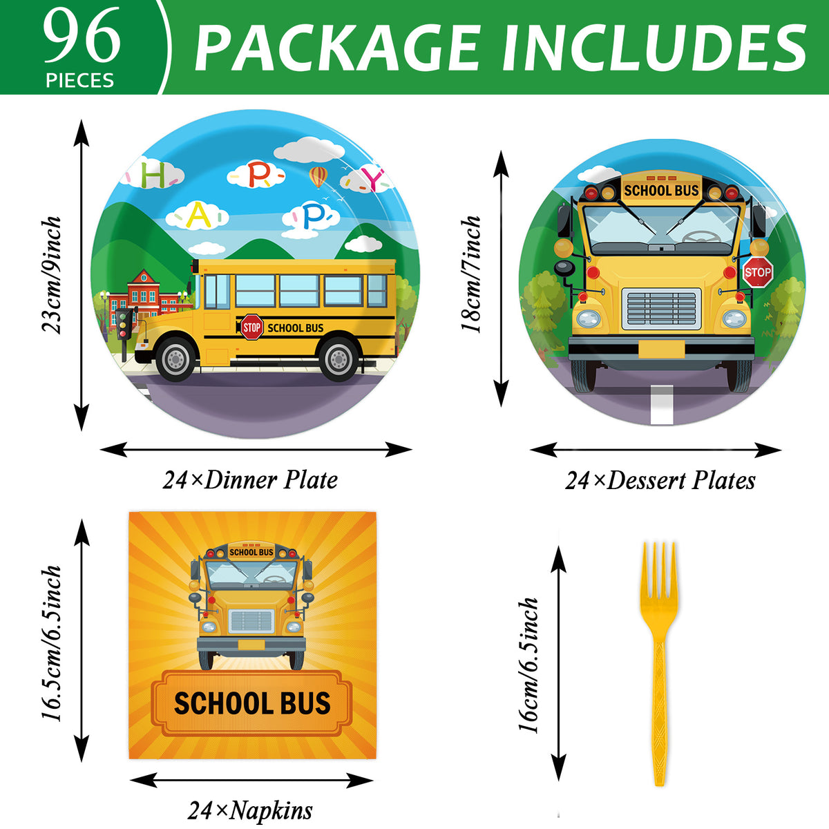 96 Pieces School Bus TableWare Set Back to School Plates Napkins Forks for 24 Guests