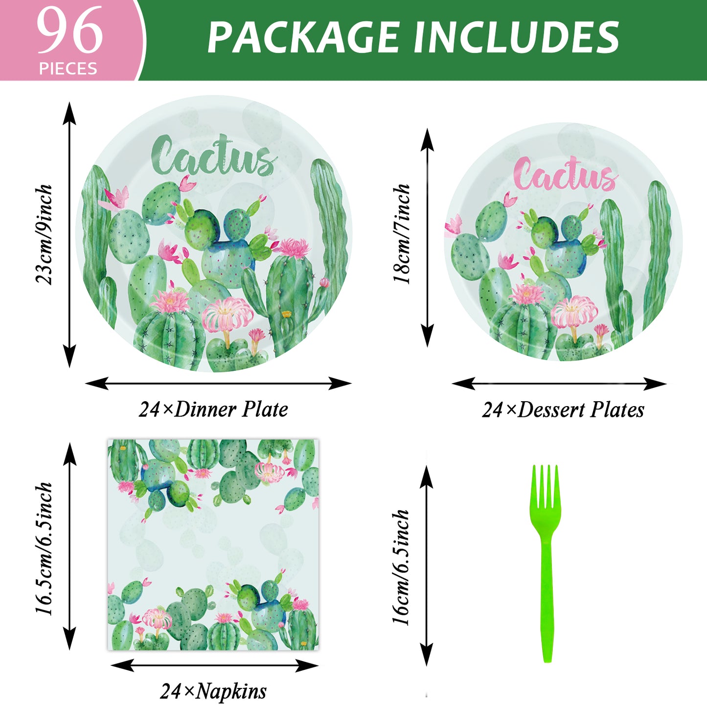 96 Pcs Cactus Party Tableware Supplies for 24 Guests