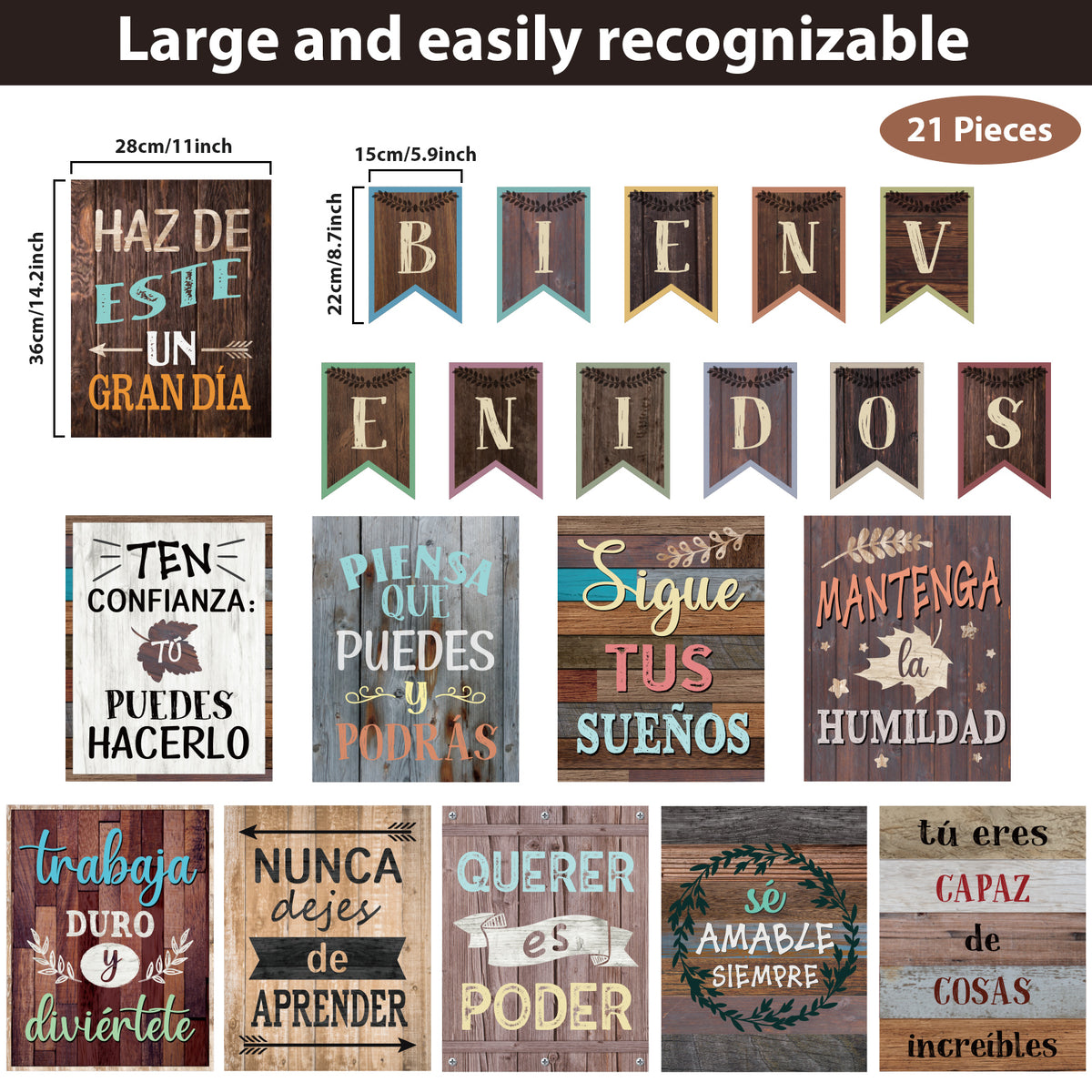 21 Pack Spanish Bienvenidos Inspirational Posters Spanish Classroom Decorations - Industrial Chic