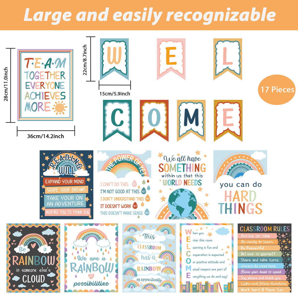 17 Pieces Boho Rainbow Classroom Motivational Posters