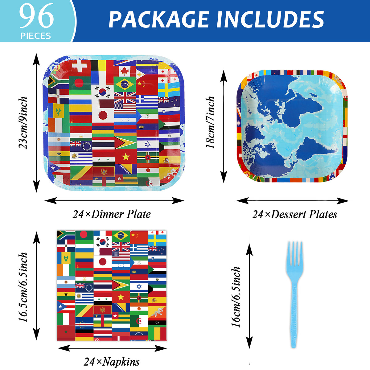 96 Pcs International World Flags Party Supplies Tableware Set for 24 Guests