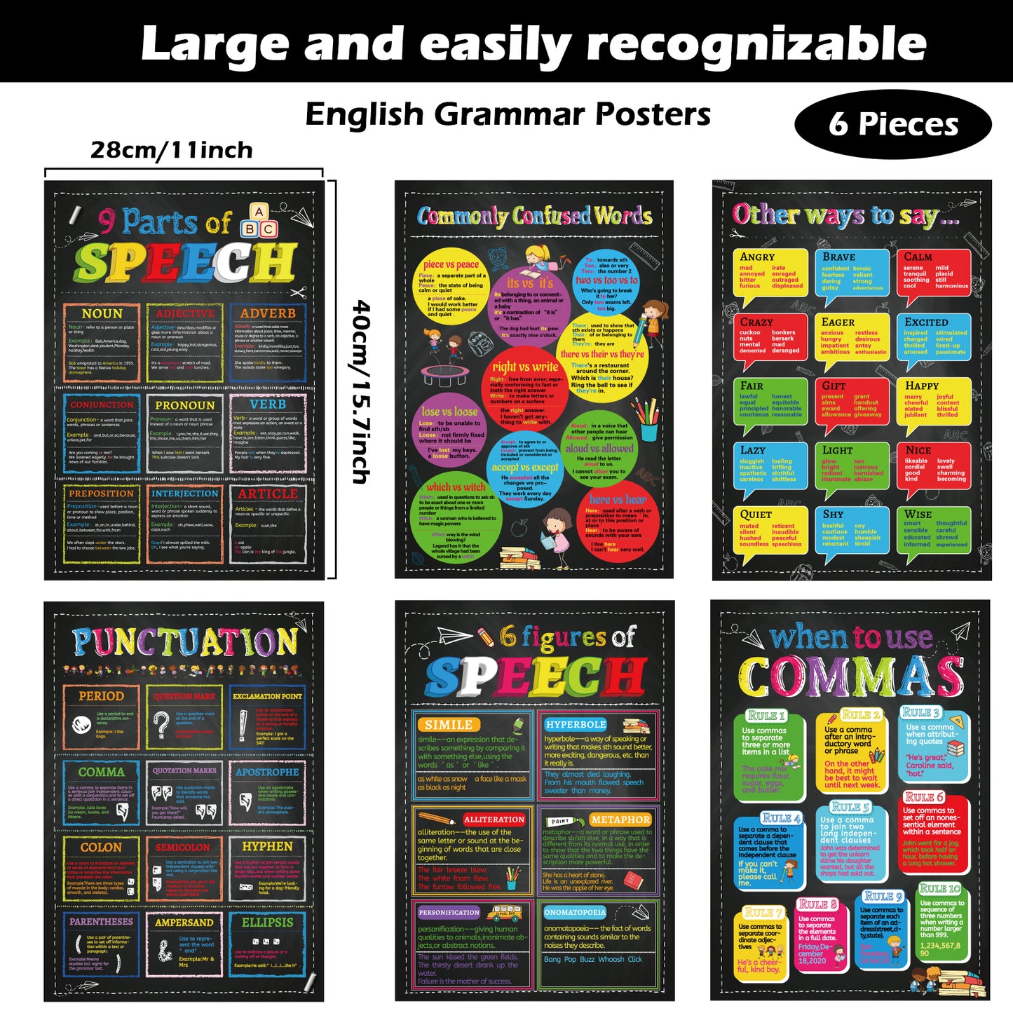 6 Pieces English Grammar Posters Educational Literary Wall Signs,16 x 11 Inch