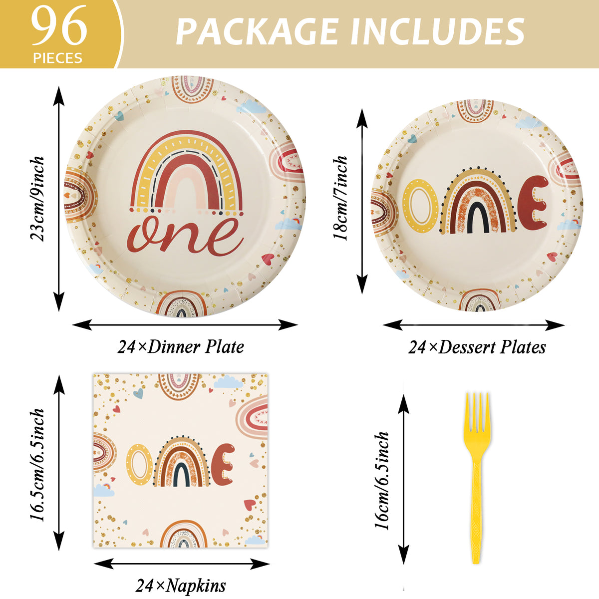 Boho Rainbow Theme Party Supplies,Plates Napkins Forks Set of 96pcs