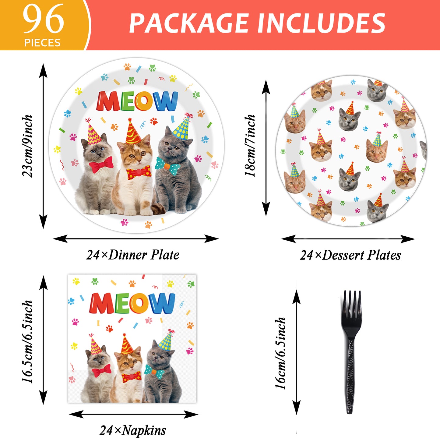 Kitten Theme Party Supplies,Plates Napkins Forks Set of 96pcs