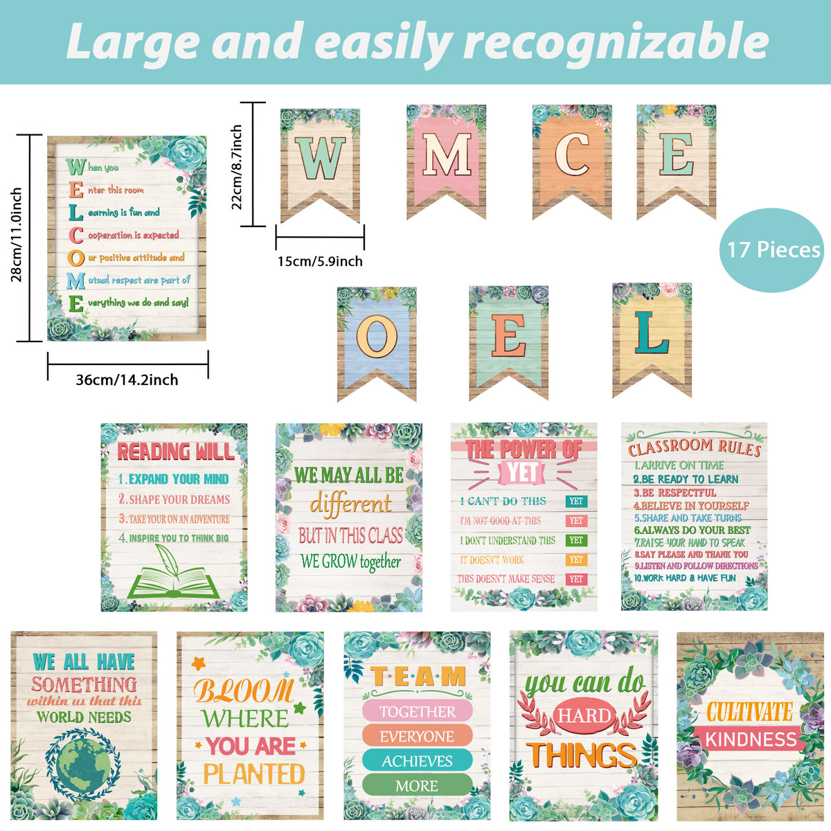 17 Pieces Succulents Classroom Motivational Posters Welcome Decor Signs