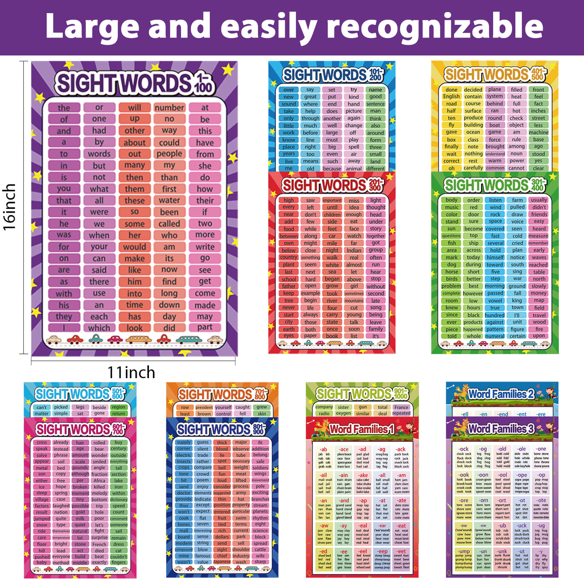 12 Pieces Educational Posters Sight Words and Word Families Posters
