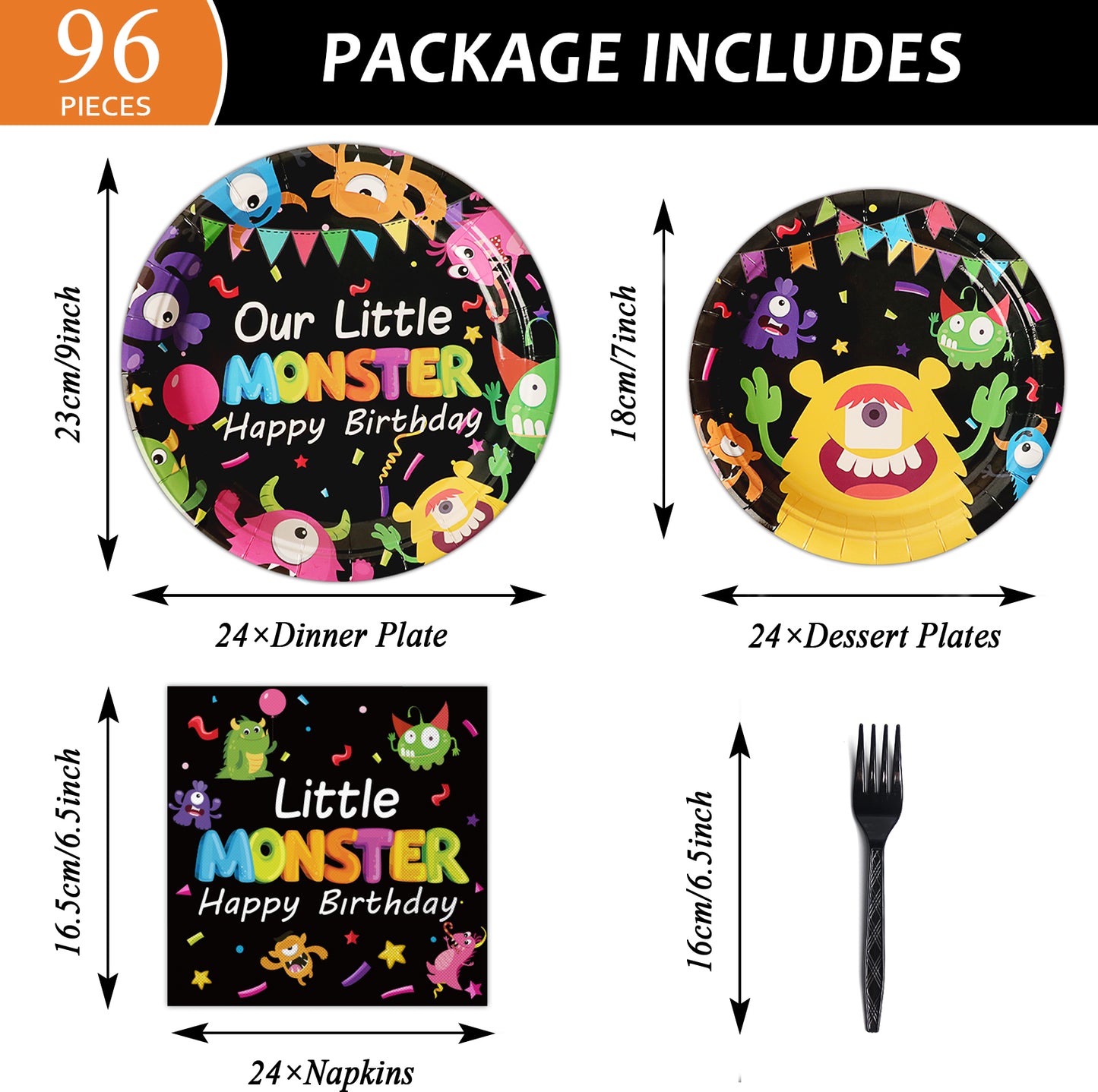 96 Pcs Monster Party Tableware Set  Decoration Supplies for 24 Guests
