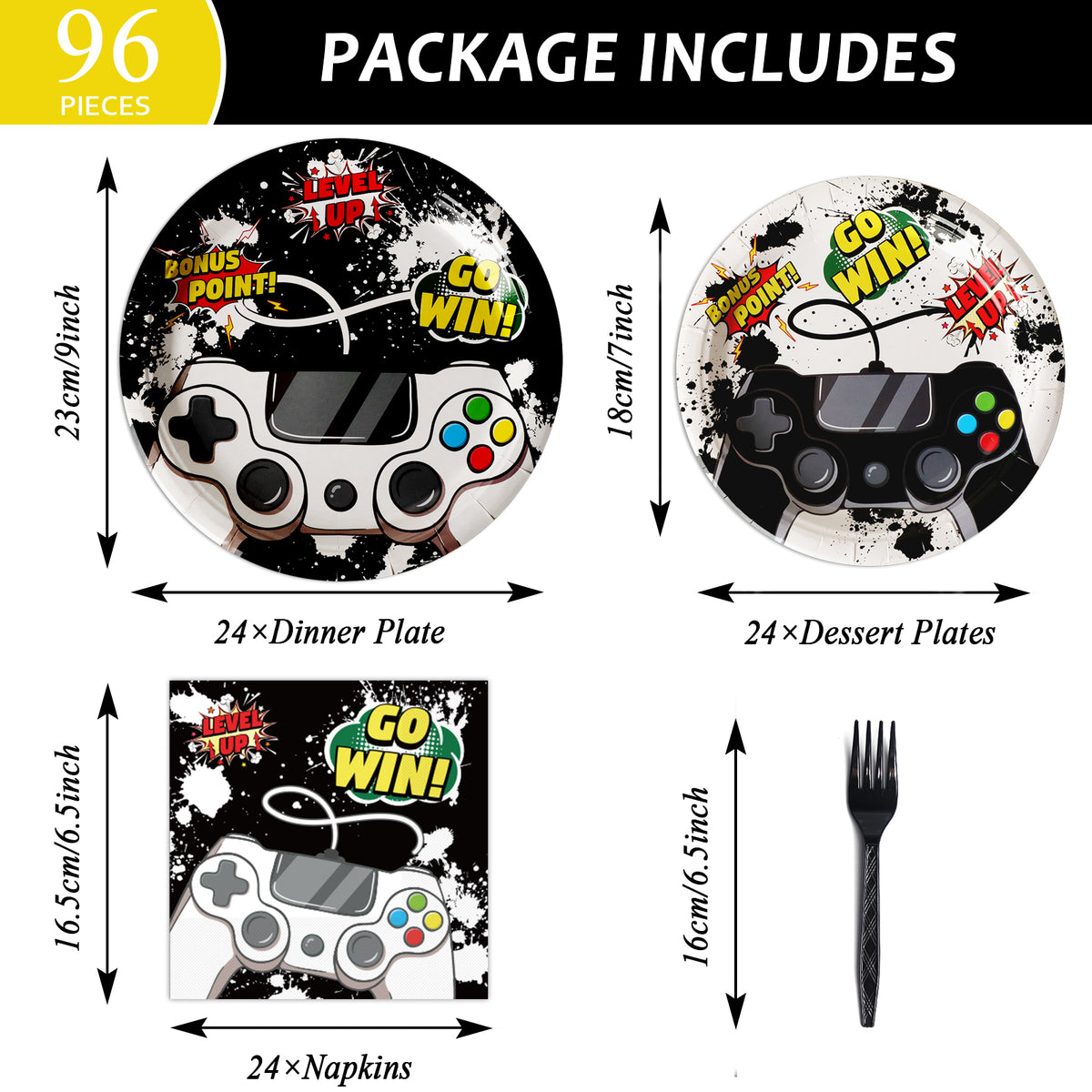96 Pcs Video Game Party Tableware Set Paper Plate Napkin Fork 24 Guests