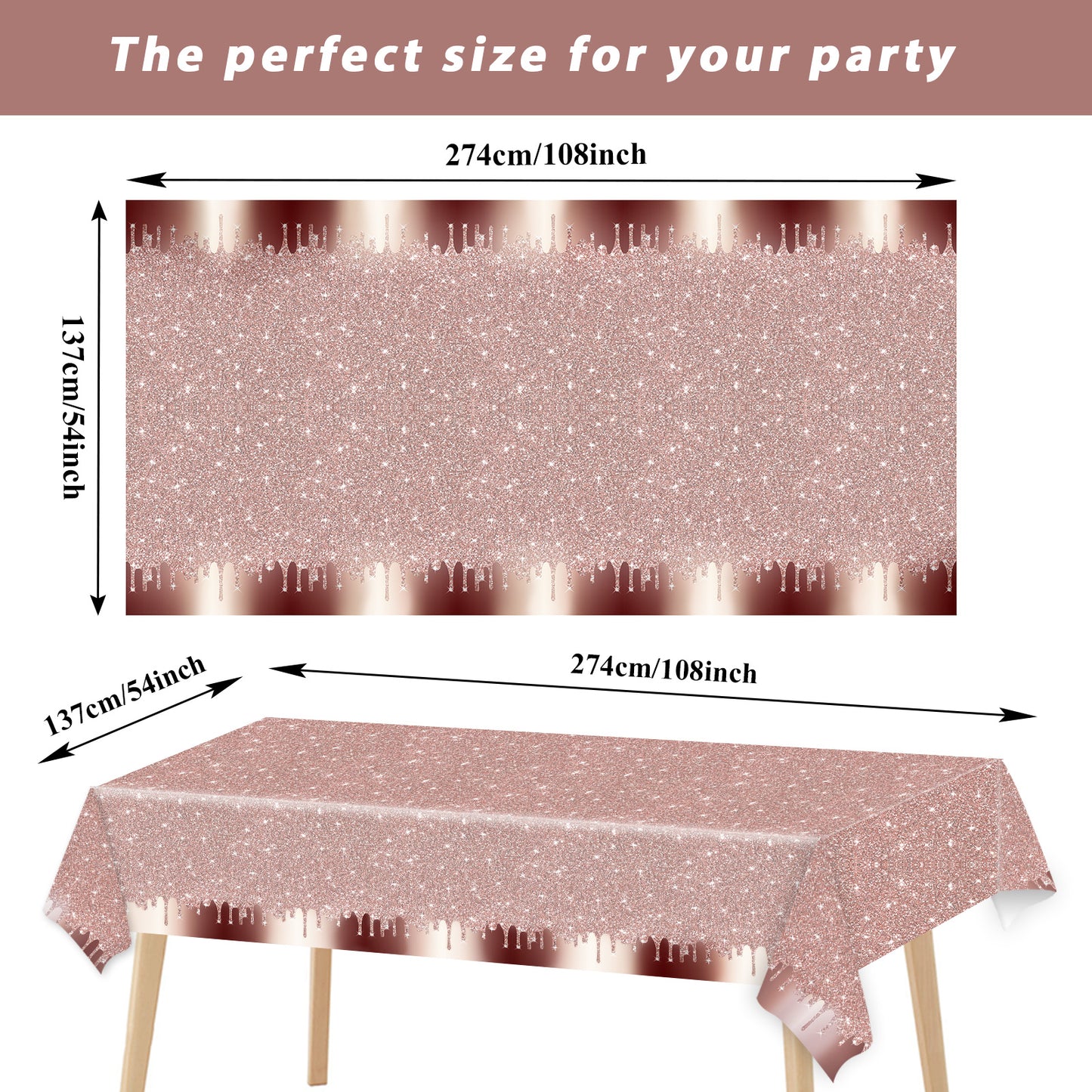3pcs Pink Rose Golden Birthday Party Tablecloths 108 x 51 inch