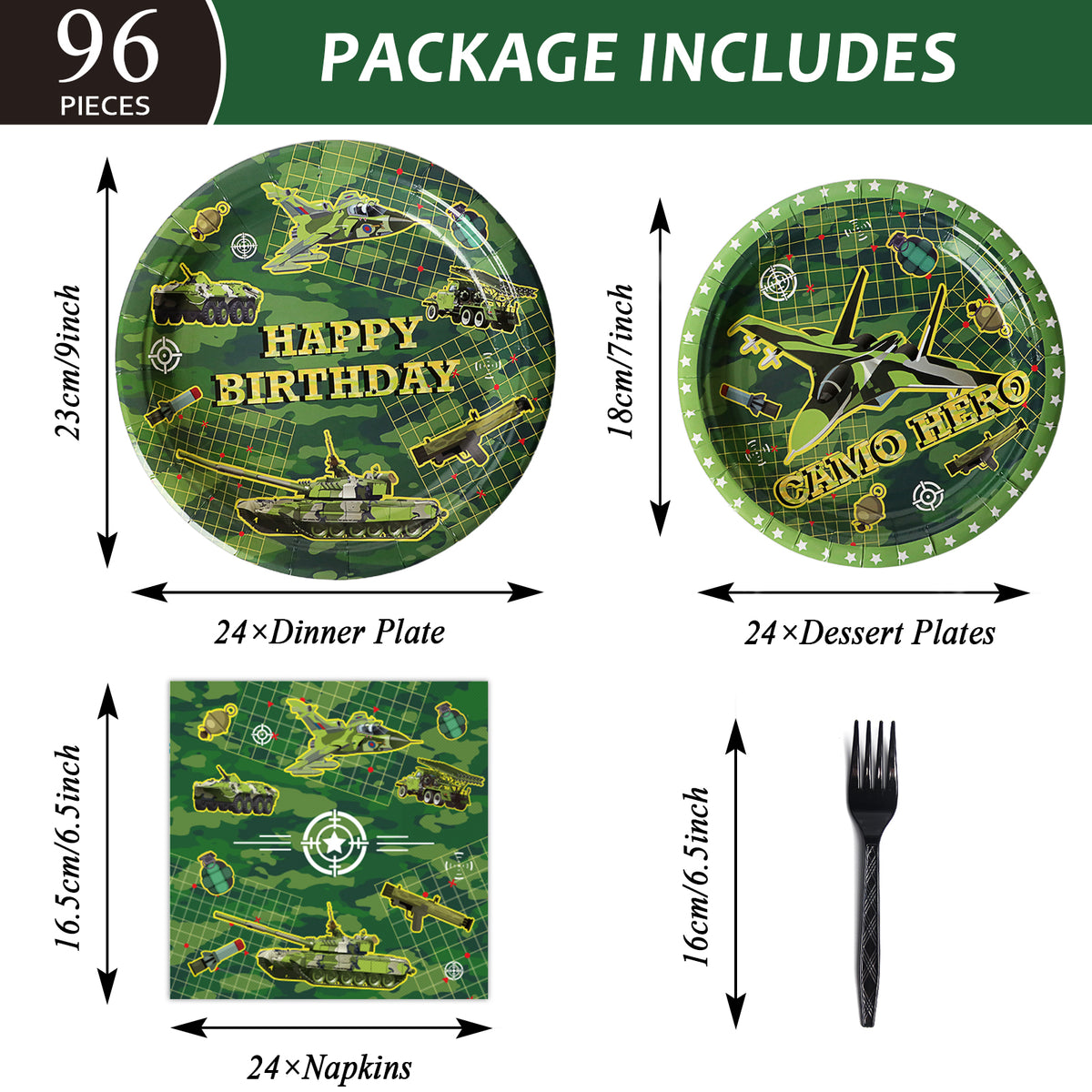 96 Pieces Camo Birthday Party Tableware Set Camouflage Paper Plates Napkins Forks for 24 Guests