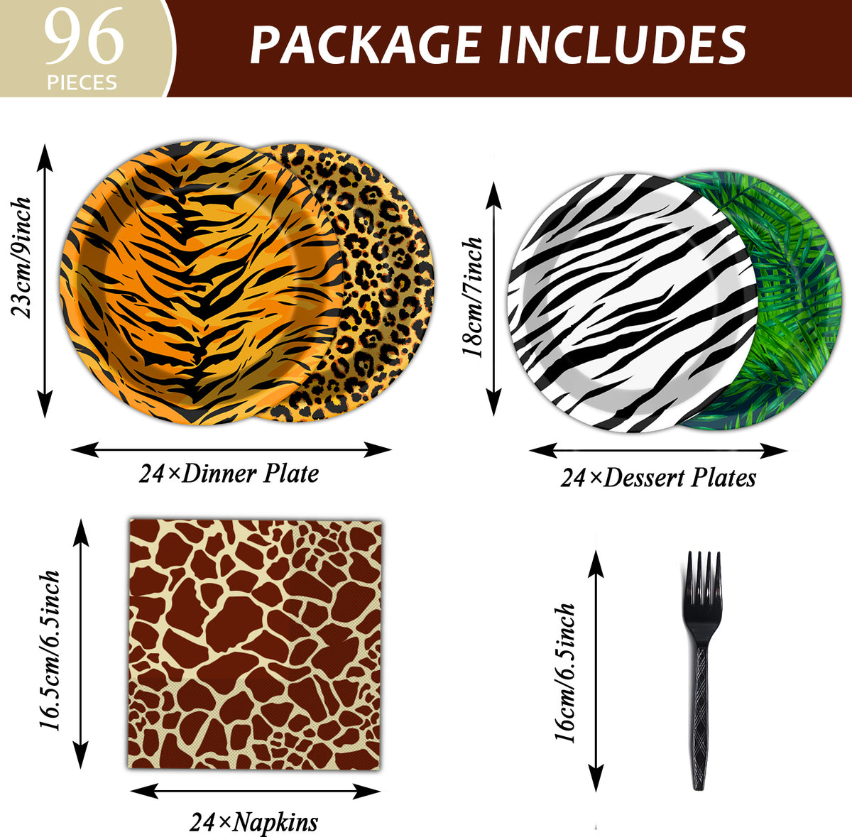 Jungle Theme Party Supplies,Plates Napkins Forks Set of 96pcs
